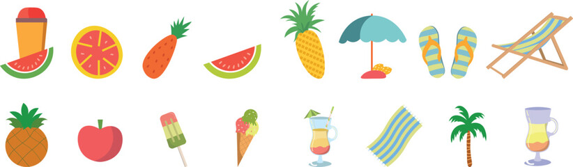 Beach Symbols and beach icons with Summer enjoys and icons bundle set