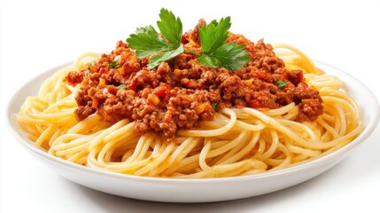 A plate of freshly cooked spaghetti is generously covered in rich meat sauce, garnished with vibrant green parsley for an appetizing presentation.