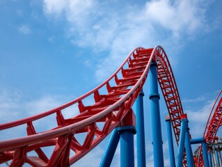 A red steel rollercoaster arches against a blue sky with clouds