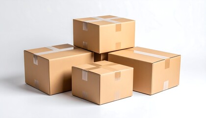 Fototapeta premium Group of Cardboard Boxes with White Tape Arranged on White Background