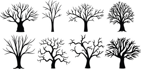Collection of bare winter tree silhouettes against white background silhouette