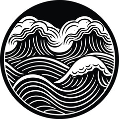 Stylized black and white ocean waves in a circle silhouette