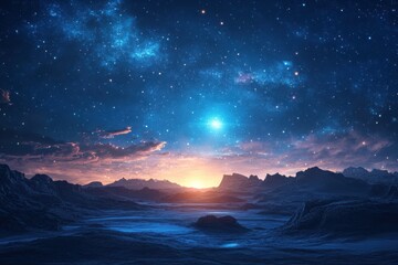 Naklejka premium Enigmatic cosmic landscape with twinkling stars and majestic mountain silhouettes under the colorful sky