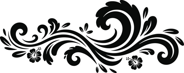 
Elegant black swirls and flourish curved scroll ornate decorative design element, Abstract Tribal Style Motifs ornament isolated on transparent background