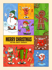 Christmas collage groovy cartoon characters poster. Festive merry Xmas greetings with retro cheerful snowman, candle, gingerbread man, elf, present, cocoa mug and skating lollipop celebrating holidays