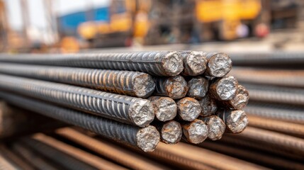 Stacks of steel rods rest at a construction site, illuminated by natural light during the day, emphasizing their industrial significance in building projects.