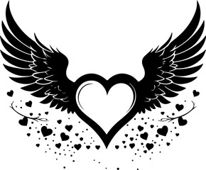 Elegant winged heart design with scattering small hearts, symbolizing love, freedom, and passion, perfect for romantic and expressive projects.