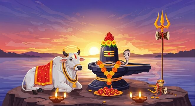 Shiva Lingam and Nandi Bull at Sunset Serene Hindu Devotional Illustration Peaceful Spiritual Scene