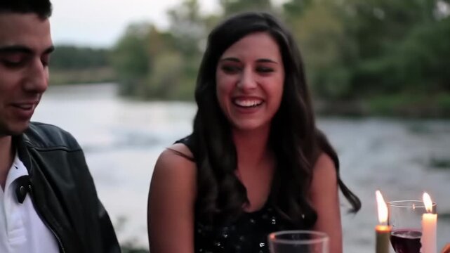 Couple dining outdoors by water under candlelight