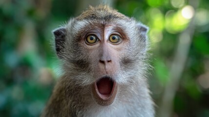 Obraz premium A curious monkey with wide eyes and an open mouth appears surprised while sitting amidst dense greenery in a tropical forest. Sunlight filters through the leaves above.