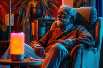 Fototapeta premium Elderly woman smiles in cozy room using voice control for smart lighting