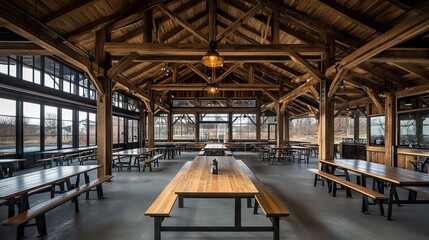 Fototapeta premium Rustic interior with wooden beams, long tables, benches, and large windows offering scenic views