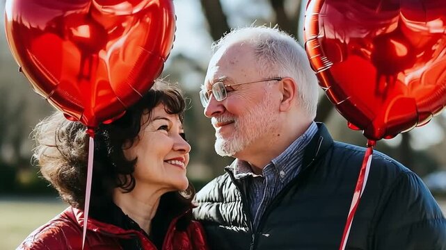 Happy senior couple holding heart-shaped balloons, celebrating love and togetherness outdoors on a sunny Valentine's Day in the park - Powered by Adobe