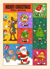 Christmas collage groovy cartoon characters poster. Vector retro Xmas comic layout featuring Santa, reindeer, elf, disco ball, tree, bell and ornaments evoke nostalgic joy and festive celebration