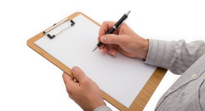 Hand writing on clipboard with pen isolated on transparent background