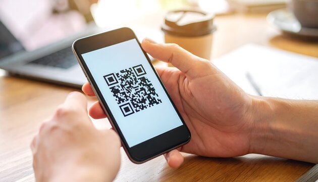 Hands holding a smartphone displaying a QR code