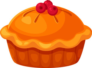 Thanksgiving Day cartoon pumpkin pie or cherry cake for autumn holiday food, vector icon. Happy Thanksgiving Day traditional symbol of holiday dinner, pumpkin or cherry and turkey pie for greeting