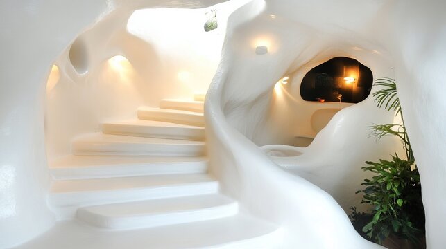 Whimsical interior with organic forms, a spiral staircase, and warm lighting