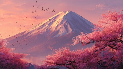 Mountain, cherry blossoms, sunrise