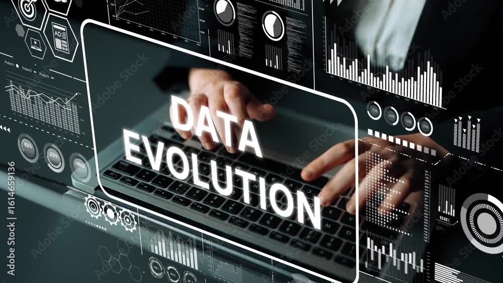 Poster hands typing on keyboard with data evolution concept and analytics charts displayed on screen in mod