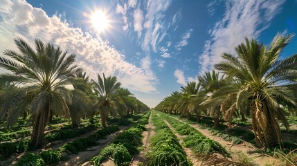 Obraz premium A wide-angle shot of a sprawling date plantation under the midday sun