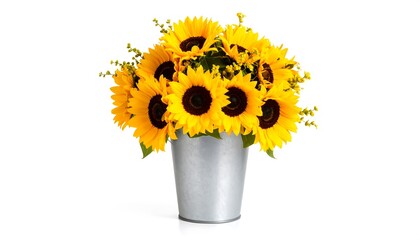 A bouquet of sunflowers in a metal bucket.  Bright yellow flowers with dark centers are arranged in a bunch, filling a small, light gray metal bucket.  