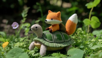 Technology-infused adventure kids discover mini plush fox riding a turtle in a garden wonderland