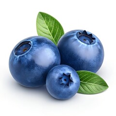 Obraz premium Three Blueberries with Green Leaves on White blueberry 1