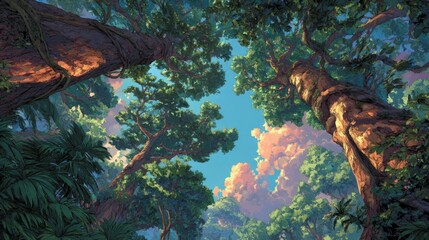 Lush Green Forest Canopy Under a Blue Sky with Pink Clouds