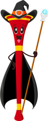 Cartoon vuvuzela Halloween mage and wizard character. Isolated vector magician wind instrument with magic staff. Funny fairytale personage in cape and witch hat, ready for party or soccer tournament