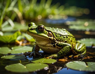 Fototapeta premium Close-up of a vibrant green frog on lily pads