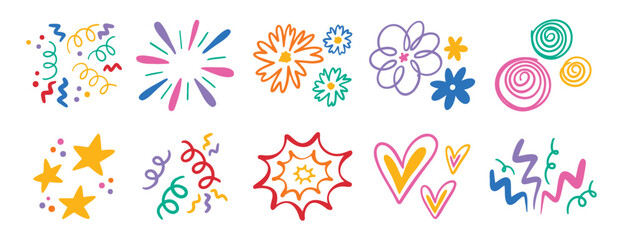 Abstract cute shapes sticker curve set. Colorful funny element organic symbol. Doodle flower and heart, star and confetti, trendy lines cartoon drawing style. 