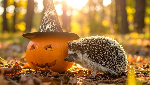A hedgehog beside a jack-o'-lantern in autumnal woods - Powered by Adobe