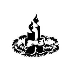 A flat minimalist icon of a circular Christmas wreath adorned with candles, stylized holly leaves, and berries.