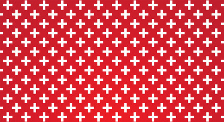 Seamless pattern of white cross symbol on red gradient background. Plus icon