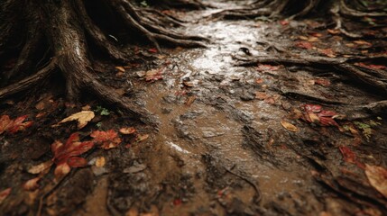 Fototapeta premium Autumn Forest Path: Dark Brown Mud, Red Leaves, Tree Roots