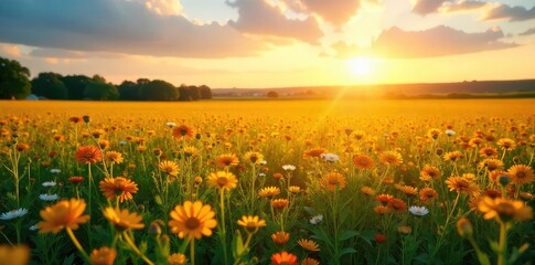 Fototapeta premium Golden hour sunlight bathes a vibrant summer field, wildflowers in full bloom, stretching to a distant horizon Perfect for idyllic summer, nature, and rural themes , idyllic, flowers