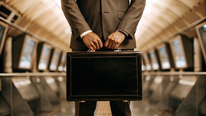Business travel and corporate schedule concept. A businessman stands in a subway, holding a briefcase, surrounded by a modern, empty train interior.