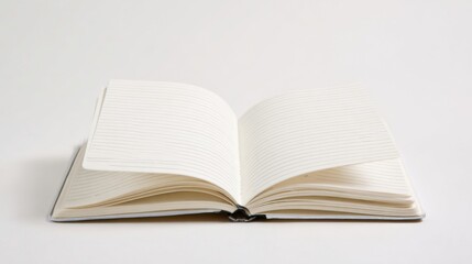 An open notebook with blank pages sits on a plain surface, inviting creativity and ideas. This simple yet essential tool is perfect for jotting down thoughts or making plans.