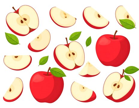 Red apple slices and whole apples with leaves, arranged in a pattern against a white background - Powered by Adobe