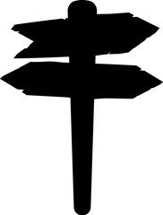 Illustration of wooden signpost with directional arrows silhouette. Clean black outline ideal for logos, stencils, icon design, and navigation-themed graphics.