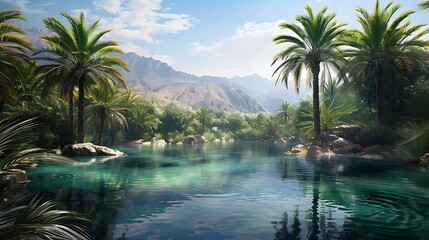 Obraz premium An oasis with date palms providing shade over a crystal-clear pond