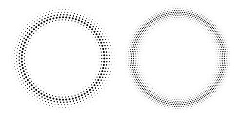 Halftone circle frame, radial dots pattern, abstract vintage circular graphic element. Vector illustration.