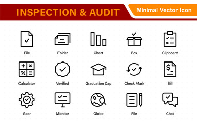 Inspection and Audit vector icon collection. Includes filled, outline, thin line, and stroke styles. Perfect for quality control, compliance, mobile apps, and web design.