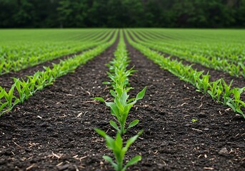 Young corn plants grow in neat rows