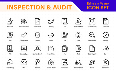 Inspection and Audit vector icon collection. Includes filled, outline, thin line, and stroke styles. Perfect for quality control, compliance, mobile apps, and web design.