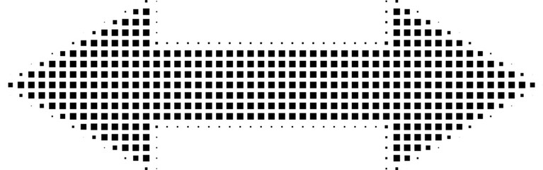 Abstract retro illustration of square halftone double sided arrow pointing left and right. Black square dot pattern, geometric arrow shape. Minimalistic, horizontal orientation, abstract design.
