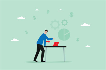 Fototapeta premium Business Analytics and Financial Reporting Man Working on Laptop with Data and Money Symbols