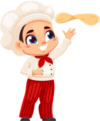 Playful cartoon boy chef tossing pizza dough in the air, dressed in classic white and red chef attire. Kid pizzaiolo in toque and neck scarf cooking or baking in Italian pizzeria or restaurant kitchen