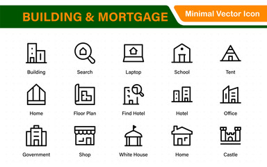 Building and Mortgage icon set. Includes house, real estate, bank, mortgage contract, property loan, home insurance, and foreclosure icons. Solid vector icon collection.